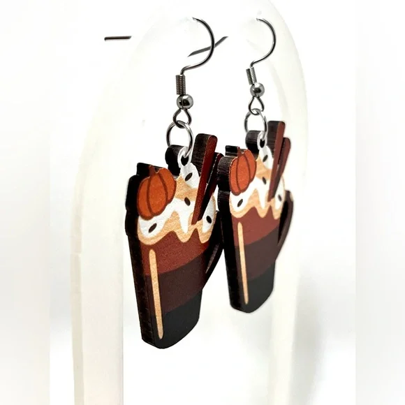 NWT Pumpkin Spice Latte Drop Dangle Earrings Lightweight Wood Fall Autumn - Picture 6 of 11